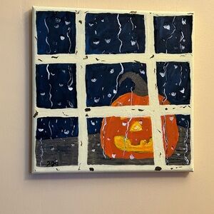 “New England Halloween” Original Painting Looking Through Window At Pumpkin